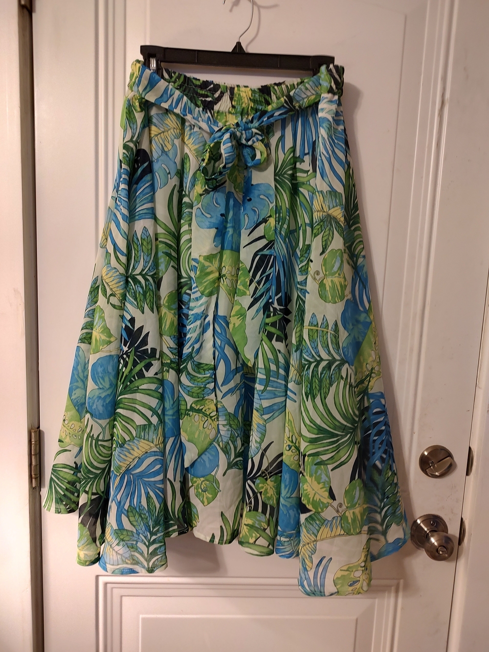 Tropical Leaf Print A-Line Skirt - Blue & Green